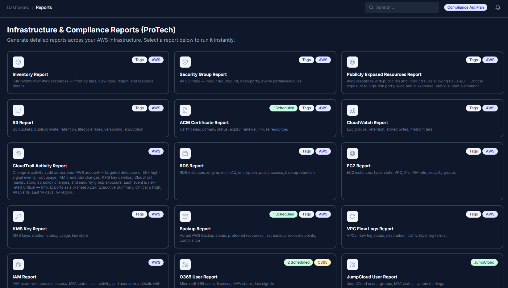 13+ auto-generated compliance and infrastructure reports with XLSX export